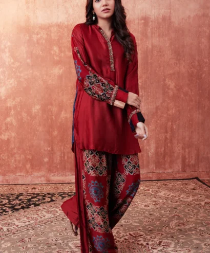 Red MultiColor Printed Habutai Silk Co-Ord Set